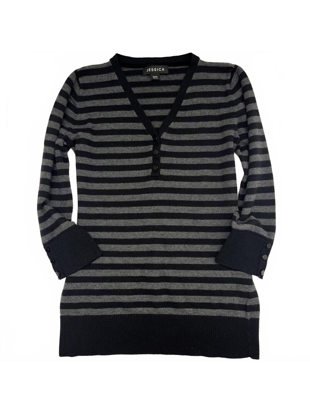 Y2K Jessica Black Grey Striped Quarter Sleeve Henley Sweater Sz XS Grunge Emo